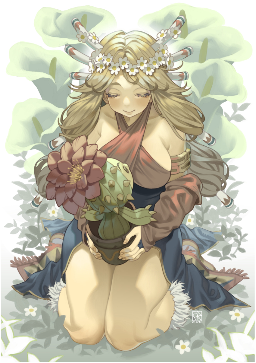 1girl bare_shoulders blonde_hair breasts bridal_gauntlets criss-cross_halter detached_sleeves closed_eyes flower hair_flower hair_ornament hair_tubes halterneck halterneck highres imu_(lom) kneeling large_breasts legend_of_mana lil&#039;_cactus long_hair medium_breasts poch4n seiken_densetsu solo