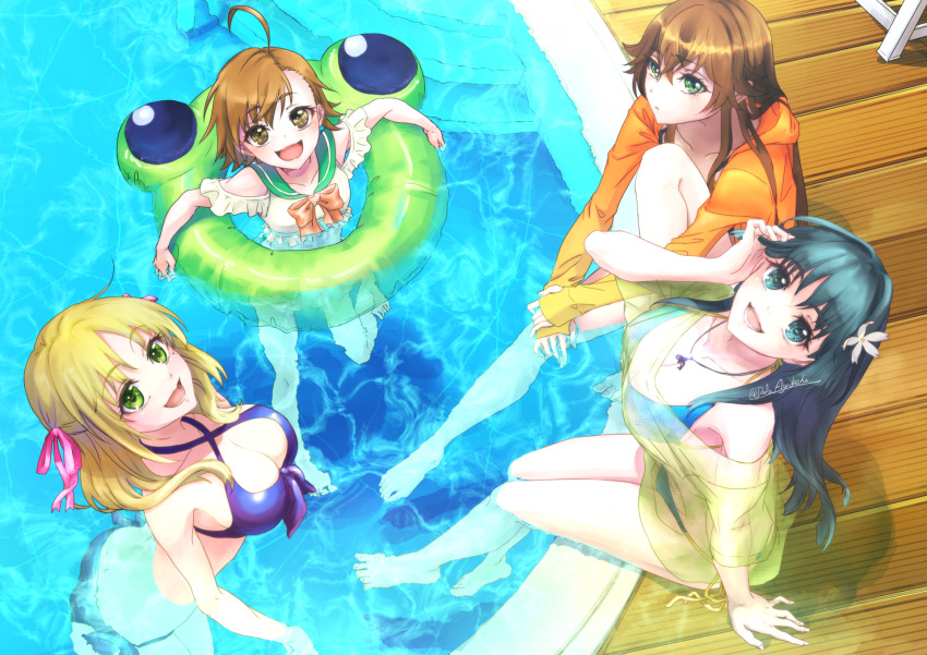4girls :d adapted_object adjusting_hair ahoge bikini black_hair blonde_hair blue_bikini blue_eyes breasts brown_eyes brown_hair brown_jacket child cleavage commentary_request estelle_rosenthal flower from_above gekota green_eyes hair_flower hair_ornament highres innertube jacket large_breasts last_order_(toaru_majutsu_no_index) long_hair long_sleeves looking_at_viewer medium_hair mole mole_under_eye multiple_girls open_mouth outdoors partially_submerged pool poolside purple_bikini saten_ruiko see-through_clothes see-through_shirt shirt short_hair sleeves_past_wrists smile swim_ring swimsuit toaru_kagaku_no_accelerator toaru_kagaku_no_railgun toaru_majutsu_no_index tsubame8982 yakumaru_itsuki