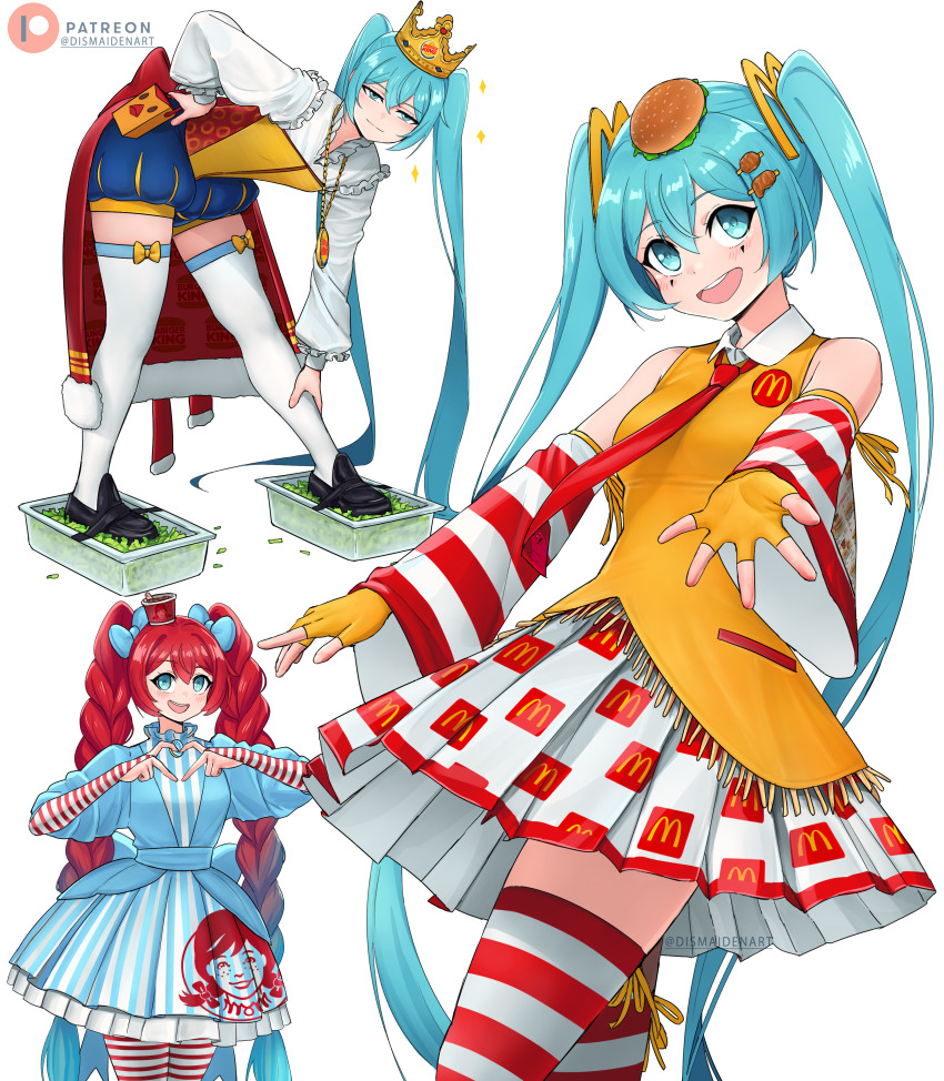 1girl absurdres aqua_eyes aqua_hair blue_bow blue_dress blue_shorts bow braid burger_hair_ornament burger_king burger_king_foot_lettuce_(meme) cosplay crown detached_sleeves dismaiden dress finger_heart fingerless_gloves food-themed_hair_ornament gloves gradient_hair hair_bow hair_ornament hatsune_miku highres jewelry long_hair looking_at_viewer mcdonald&#039;s meme multicolored_hair multiple_views necklace necktie open_mouth pantyhose print_dress print_skirt red_hair red_necktie red_pantyhose red_thighhighs ronald_mcdonald ronald_mcdonald_(cosplay) shirt shorts simple_background skirt striped_clothes striped_pantyhose striped_sleeves striped_thighhighs the_king_(burger_king) the_king_(burger_king)_(cosplay) thighhighs twin_braids twintails very_long_hair vocaloid wendy&#039;s wendy_(wendy&#039;s) wendy_(wendy&#039;s)_(cosplay) white_background white_pantyhose white_shirt white_skirt white_thighhighs yellow_gloves yellow_shirt