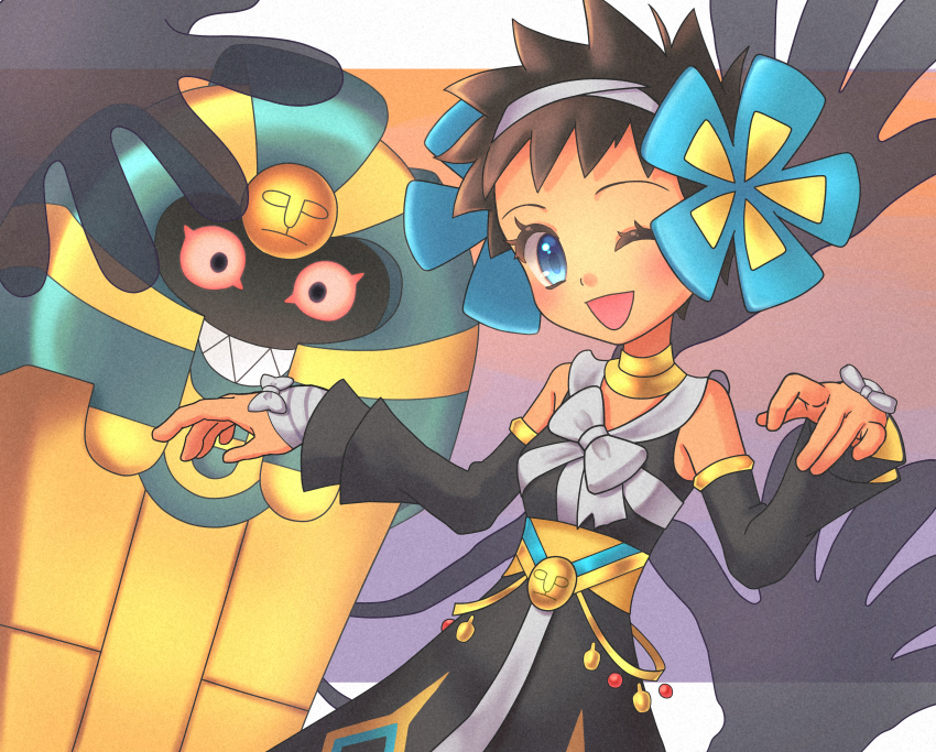 1girl absurdres arm_wrap blue_eyes cofagrigus colored_sclera commentary_request dark-skinned_female dark_skin detached_sleeves gen_5_pokemon highres letterboxed nintendo official_alternate_costume one_eye_closed open_mouth phoebe_(fall_2023)_(pokemon) phoebe_(pokemon) pokemon pokemon_(creature) pokemon_masters_ex red_sclera sharp_teeth short_hair smile teeth tsugumokei