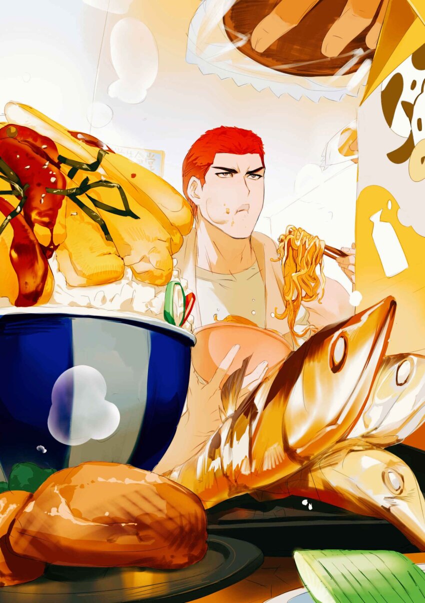 1boy 1other black_eyes bowl buzz_cut chewing chopsticks eating fish_(food) flu70579711 food food_on_face fried_fish highres holding holding_bowl holding_chopsticks looking_ahead male_focus milk noodles out_of_frame plate red_hair rice sakuragi_hanamichi short_hair slam_dunk_(series) solo_focus steam table tank_top towel towel_around_neck upper_body very_short_hair white_tank_top