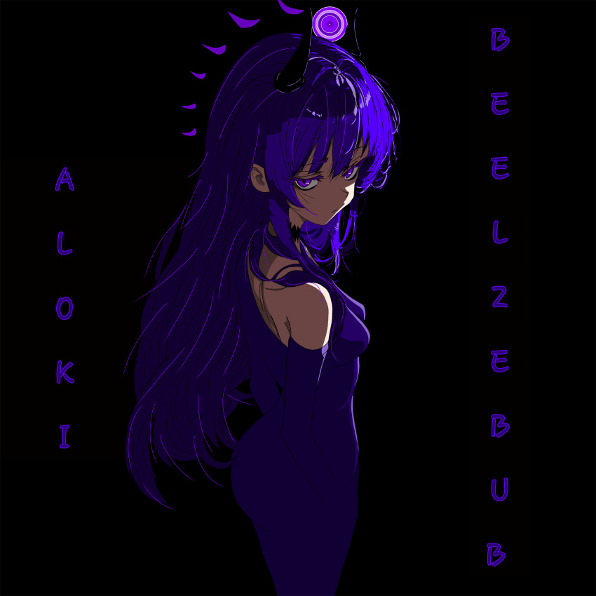 1girl absurdres aloki_leviathan breasts demon_horns dress glowing glowing_eyes highres horns mature_female nia_official non-web_source purple_dress purple_eyes purple_hair small_breasts solo solo_focus tired_eyes