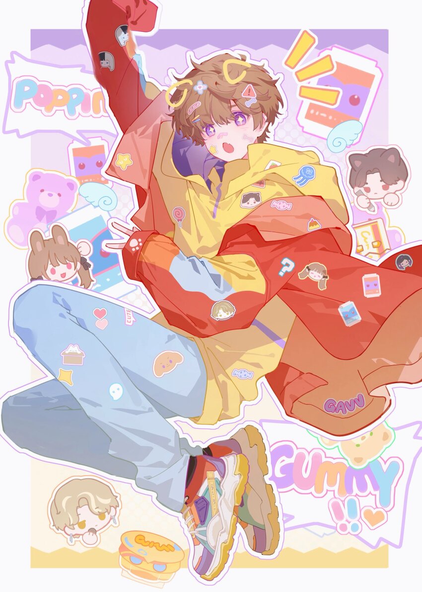 +_+ amane_sachika bandaid bandaid_on_face bandaid_on_nose brown_hair earrings fang gochizo highres hood hoodie inoue_shouma jacket jewelry kamen_rider kamen_rider_gavv_(series) karakida_hanto lakia_amarga male_focus muyekikikikikikikiya orange_jacket purple_eyes shoes skin_fang sneakers sticker sticker_on_face stuffed_animal stuffed_toy teddy_bear v yellow_hoodie