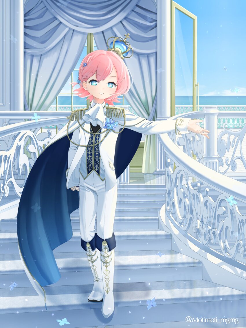 1boy absurdres aiguillette alternate_costume ascot banister blue_cape blue_eyes blue_flower blue_sky boots braid cape commentary_request cross crown curtains door epaulettes falling_flower flower flower_on_chest frilled_ascot frills full_body glass_door hair_flower hair_ornament highres horizon indoors jacket male_focus mini_crown motimoti_mgmg ocean ocean_prince on_stairs outdoors pants persian_speedwell pink_hair puyopuyo puyopuyo_fever_2 railing salde_canarl_shellbrick_iii short_hair sky sleeve_cuffs solo stairs standing two-sided_cape two-sided_fabric white_ascot white_boots white_cape white_jacket white_pants window