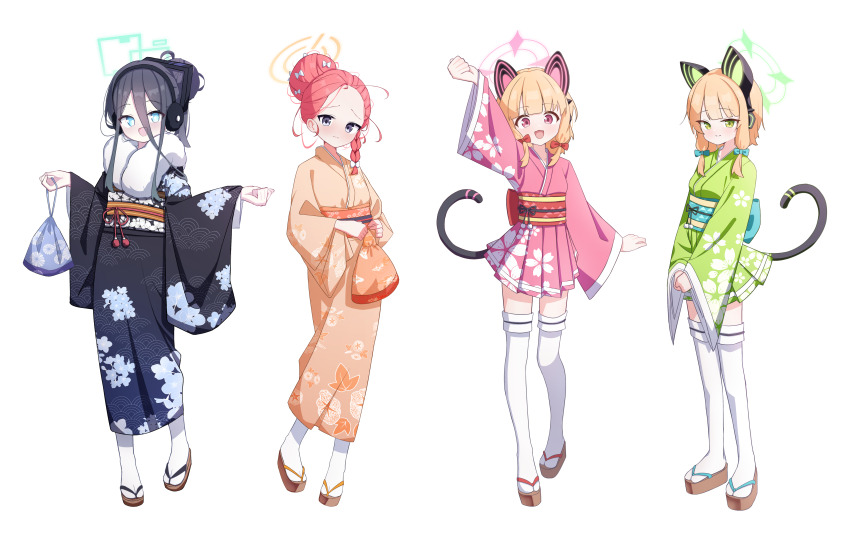 4girls 525_woiwo absurdres alternate_costume animal_ear_headphones animal_ears aris_(blue_archive) arm_up black_hair black_headphones black_kimono blonde_hair blue_archive blue_eyes bow cat_tail closed_mouth fake_animal_ears floral_print floral_print_kimono forehead full_body fur-trimmed_kimono fur_trim game_development_department_(blue_archive) green_eyes green_halo green_kimono grey_eyes hair_between_eyes hair_bow hair_bun halo headphones highres japanese_clothes kimono long_bangs long_hair_between_eyes long_sleeves looking_at_viewer midori_(blue_archive) momoi_(blue_archive) multiple_girls open_mouth orange_kimono pink_halo pink_kimono print_kimono red_eyes red_hair sandals short_hair siblings simple_background single_hair_bun sisters smile standing tabi tail thighhighs twins white_background white_bow white_thighhighs wide_sleeves yellow_halo yuzu_(blue_archive) zouri