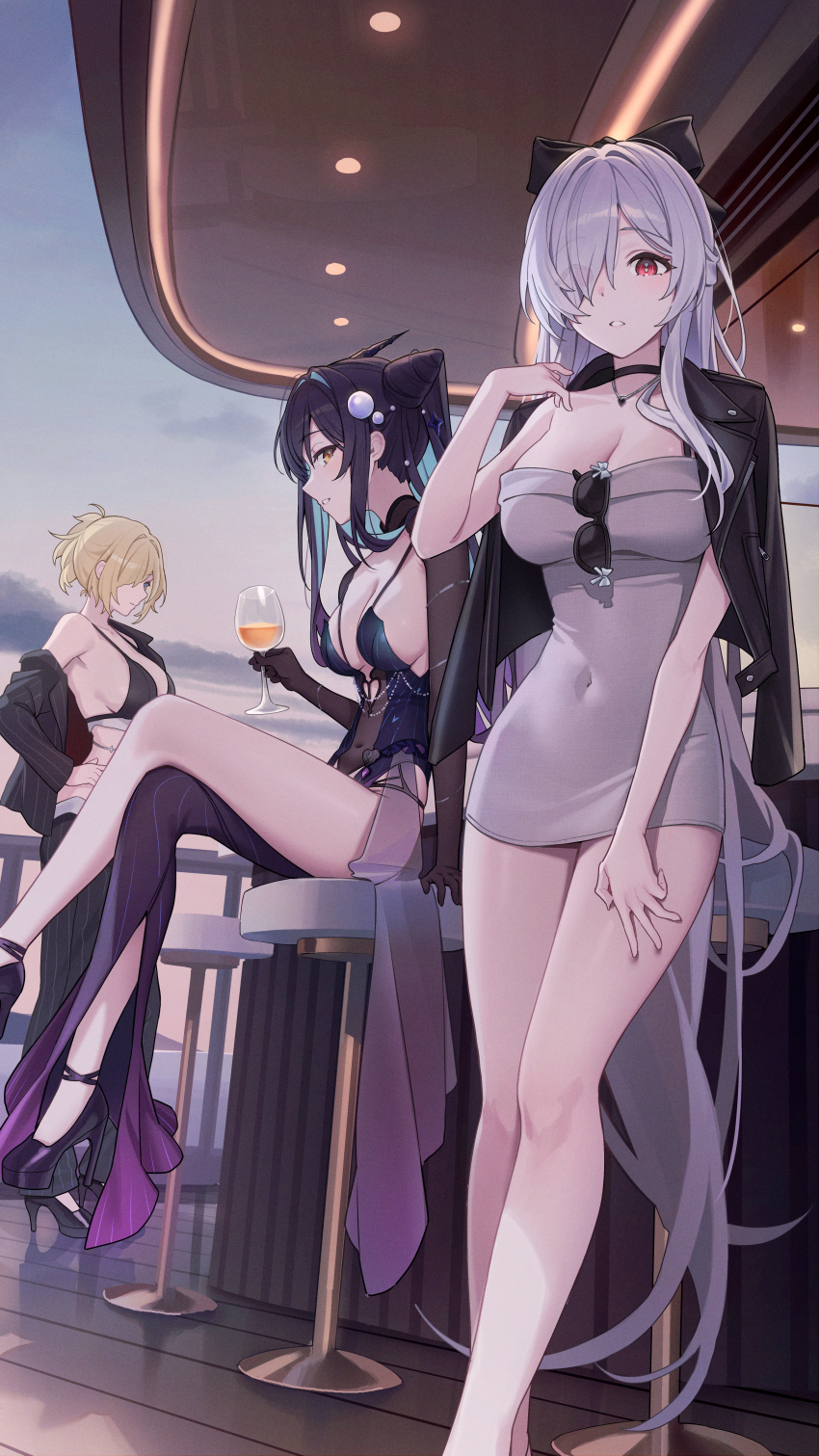 3girls absurdres bikini black_bikini black_dress black_hair black_jacket black_pants blonde_hair breasts cinderella_(beautiful_me)_(nikke) cinderella_(nikke) cleavage commentary covered_navel cup dangmyo dress eyewear_hang goddess_of_victory:_nikke grave_(beautiful_you)_(nikke) grave_(nikke) grey_dress highres holding holding_cup jacket jewelry large_breasts little_mermaid_(abyss_flower)_(nikke) little_mermaid_(nikke) long_hair multiple_girls necklace official_alternate_costume pants red_eyes see-through_clothes see-through_dress short_hair sideboob sitting sunglasses swimsuit symbol-only_commentary twintails unworn_eyewear very_long_hair white_hair yellow_eyes