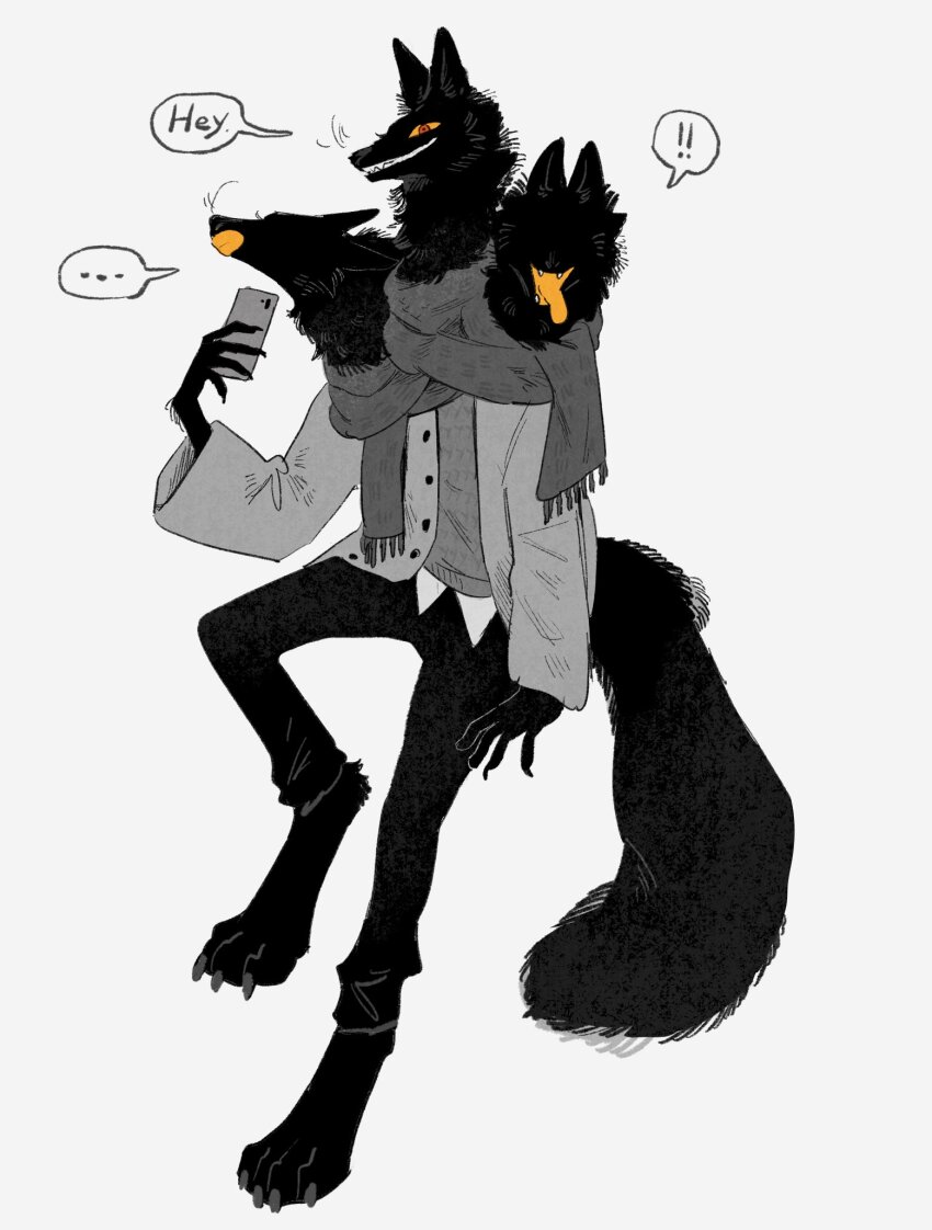 ! !! ... 1boy black_fur black_pants cerberus colored_sclera colored_tongue dog_boy english_text fangs furry furry_male highres holding holding_phone jacket male_focus multiple_heads orange_sclera orange_tongue original pants phone red_eyes scarf simple_background sweater undershirt white_background zumi3
