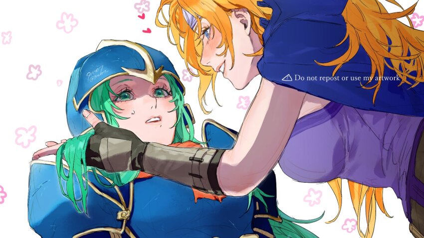 2girls 91007 aqua_eyes aqua_hair armor artist_name black_gloves blonde_hair blue_armor blue_cape blue_eyes blue_headwear breastplate breasts cape commentary fingerless_gloves fire_emblem fire_emblem:_path_of_radiance fire_emblem:_radiant_dawn gloves grin heart heather_(fire_emblem) helmet highres holding_another&#039;s_hair large_breasts looking_at_another multiple_girls nephenee_(fire_emblem) nintendo open_mouth purple_shirt shirt shoulder_armor simple_background smile symbol-only_commentary teeth twitter_username upper_teeth_only white_background yuri