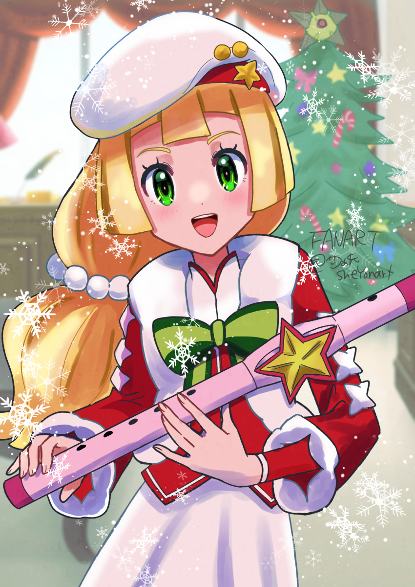 1girl :d absurdres blonde_hair christmas_tree dress eyelashes flute green_eyes hat highres holding holding_flute holding_instrument indoors instrument lillie_(holiday_2024)_(pokemon) lillie_(pokemon) long_hair long_sleeves looking_at_viewer nintendo official_alternate_costume open_mouth pokemon pokemon_masters_ex recorder sheyona smile solo teeth upper_teeth_only white_hat