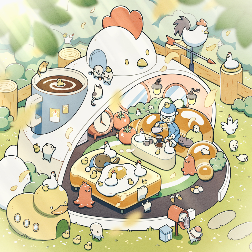 1girl 6+others absurdres baby_animal bed bird black_cat cat chick chicken clock coffee coffee_mug coffee_pot coffee_table couch cup egg_(food) fence food food-themed_furniture food_art hat highres holding holding_cup holding_toothbrush mailbox_(incoming_mail) mug multiple_others nest newspaper nightcap original oversized_food oversized_object sleeping slippers table tako-san_wiener tomato toothbrush tti_design unworn_slippers weather_vane wooden_fence