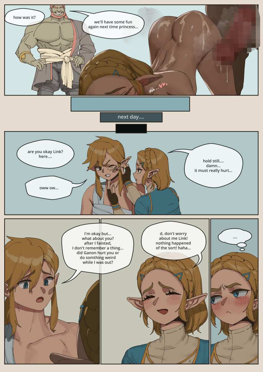1girl 2boys absurdres after_rape ass bestiality blue_shirt braid censored collarbone crown_braid cum cum_on_ass cum_on_body english_text ganondorf grin highres horse link mosaic_censoring multiple_boys nintendo pointy_ears princess_zelda shirt short_hair smile speech_bubble teeth the_legend_of_zelda the_legend_of_zelda:_tears_of_the_kingdom wjs07