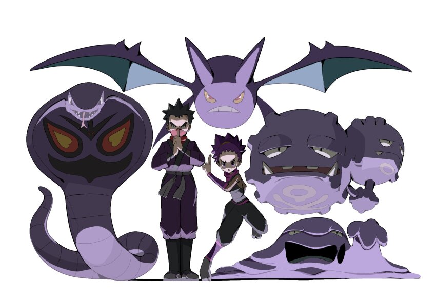 1boy 1girl arbok black_eyes black_hair breasts crobat father_and_daughter gen_1_pokemon gen_2_pokemon highres jacket janine_(pokemon) japanese_clothes koga_(pokemon) looking_at_viewer muk ninja nintendo open_mouth pants pokemon pokemon_(creature) pokemon_hgss psaber97 purple_eyes purple_hair purple_scarf red_scarf scarf shadow short_hair simple_background spiked_hair weezing white_background