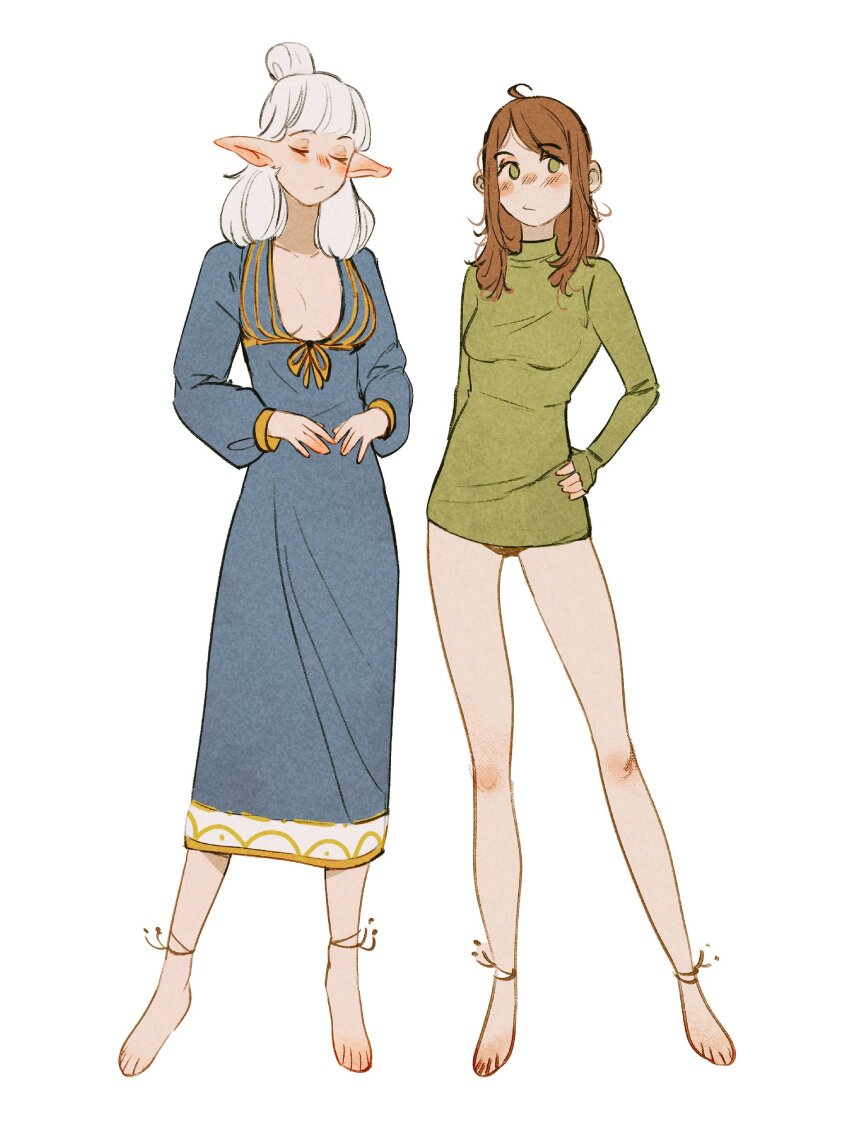 2girls :/ absurdres ahoge anklet arm_at_side asimov_(spindle_(aidenr0)) barefoot black_panties blue_dress blush breasts brown_hair closed_eyes closed_mouth commentary dress ear_blush english_commentary green_eyes green_shirt hair_bun hand_on_own_hip highres jewelry long_sleeves loose_hair_strand medium_breasts medium_hair multiple_girls no_pants nose_blush original ottilie_(spindle_(aidenr0)) own_hands_together panties pantyshot plunging_neckline pointy_ears shirt side-by-side simple_background single_hair_bun sleeves_past_wrists spindle_(aidenr0) swept_bangs toes turtleneck underwear white_background white_hair