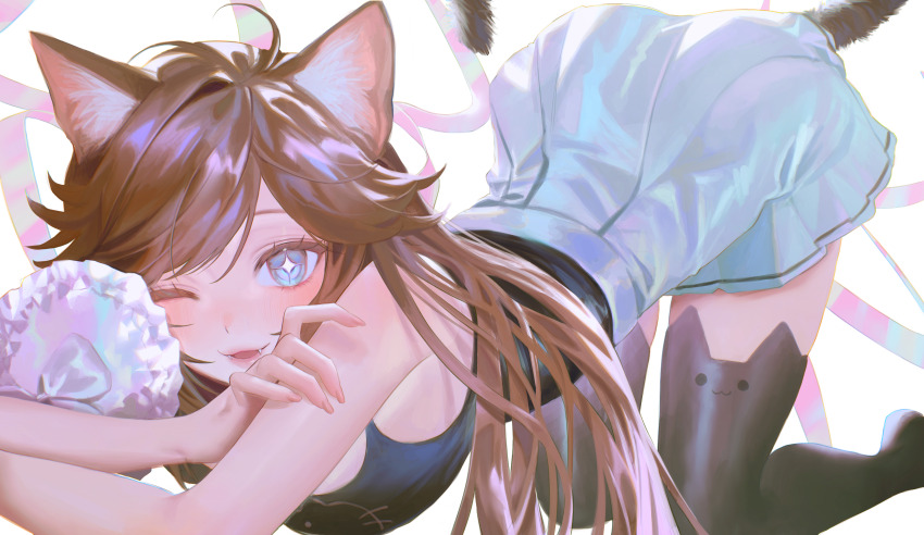 +_+ 4u-yonyu- absurdres animal_ears arch arched_back blue_eyes breasts brown_hair cat_ears chelzor_the_destroyer fang highres indie_virtual_youtuber large_breasts long_hair non-web_source pleated_skirt skirt tail tank_top thighhighs top-down_bottom-up virtual_youtuber zettai_ryouiki