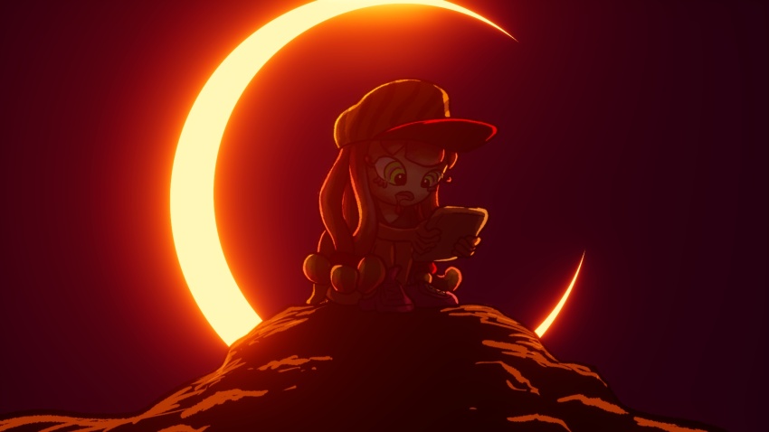 1girl baseball_cap black_shirt blush distracted drooling eclipse green_eyes green_hat handheld_game_console harmony_(splatoon) hat holding holding_handheld_game_console long_hair looking_down monochrome nintendo open_mouth pink_hair playing_games red_theme rock sea_anemone shirt shoes sitting sneakers soandnb solar_eclipse splatoon_(series) splatoon_3 striped_clothes striped_headwear