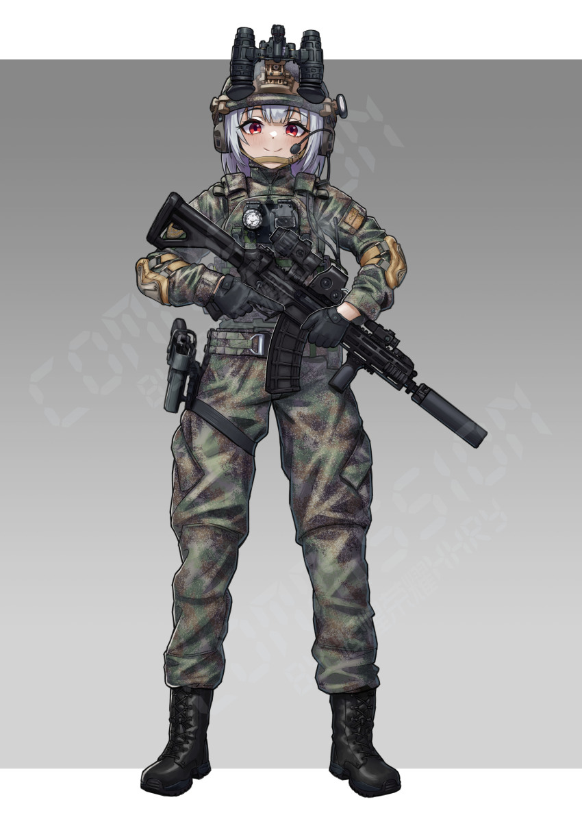 1girl absurdres assault_rifle border chin_strap combat_helmet commission fast_helmet full_body grey_background gun highres holding holding_weapon holster huihuang_rongyao load_bearing_vest long_sleeves looking_at_viewer military_combat_uniform military_uniform night_vision_device original outside_border people&#039;s_liberation_army people&#039;s_liberation_army_air_force qbz-191 red_eyes rifle solo standing suppressor watermark weapon white_border white_hair