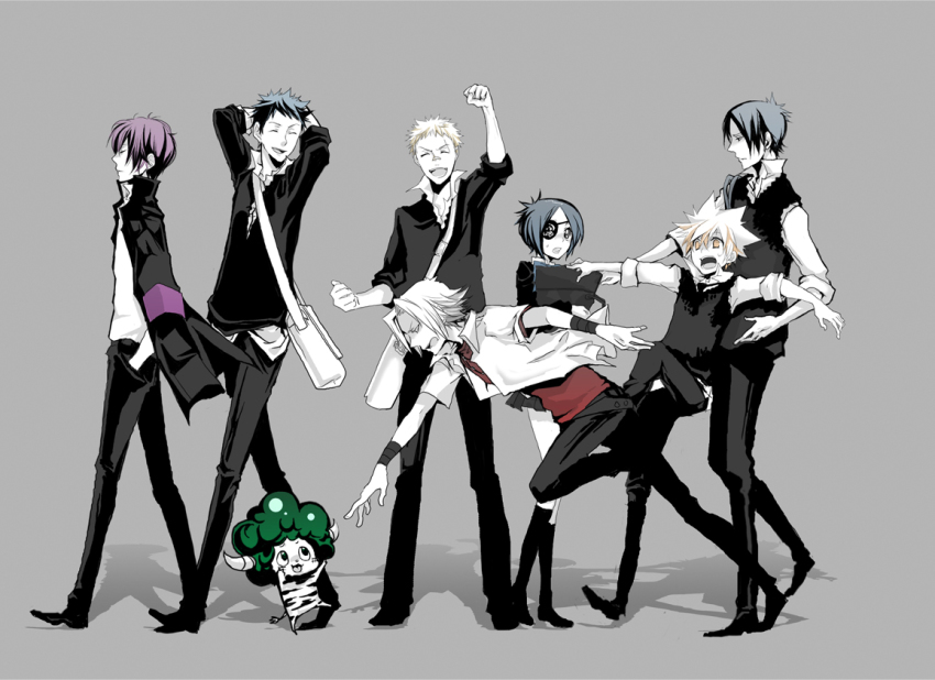 1girl 6+boys annotated armband bad_id bad_pixiv_id bag black_skirt chrome_dokuro everyone eyepatch gokudera_hayato hibari_kyouya ichiyoshi katekyo_hitman_reborn! lambo miniskirt multiple_boys pleated_skirt rokudou_mukuro sasagawa_ryohei sawada_tsunayoshi school_uniform short_hair skirt yamamoto_takeshi