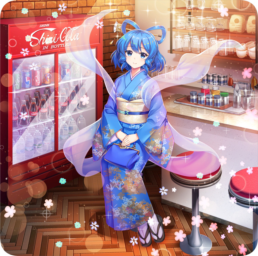1girl alternate_costume bag bar_stool black_sandals blue_bag blue_eyes blue_hair blue_kimono blue_theme blush bottle brand_name_imitation brick_wall can chisel closed_mouth counter cup drill_hair drink_can drinking_glass drinking_straw floral_print flower full_body game_cg geta hagoromo hair_ornament hair_rings hair_stick handbag hands_on_lap herringbone highres indoors japanese_clothes kaku_seiga kaku_seiga_(social_club&#039;s_mother) ketchup_bottle kimono lens_flare long_sleeves looking_at_viewer medium_hair mustard_bottle napkin obi obiage obijime official_art print_kimono refrigerator rotte_(1109) salt_shaker sandals sash see-through_clothes see-through_shawl shawl shelf sidelocks sitting smile socks soda soda_bottle soda_can solo sparkle stool tabi tableware teacup third-party_source touhou touhou_lostword transparent_background water_bottle white_socks wide_sleeves wine_glass wooden_floor