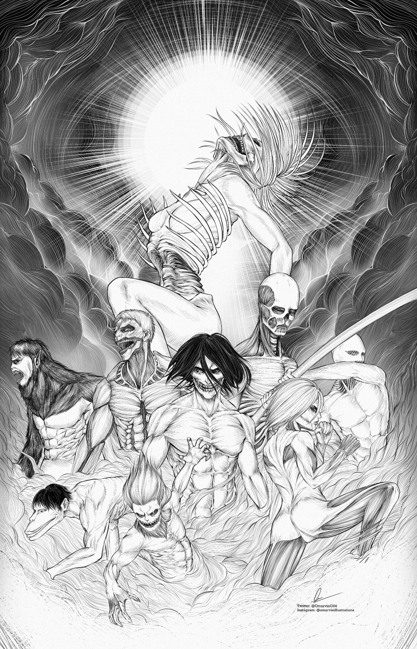 2girls 6+boys abs absurdres annie_leonhart armin_arlert armored_titan beast_titan cart_titan colossal_titan eren_yeager female_titan fighting_stance founding_titan full_body giant giant_male giantess greyscale highres holding holding_weapon instagram_username jaw_titan lara_tybur looking_at_viewer marvin_(omarvin) monochrome monster multiple_boys multiple_girls muscular muscular_female muscular_male pectorals pieck_finger porco_galliard reiner_braun ribs roaring rogue_titan shingeki_no_kyojin short_hair signature steam titan_(shingeki_no_kyojin) twitter_username war_hammer_titan weapon ymir_fritz zeke_yeager