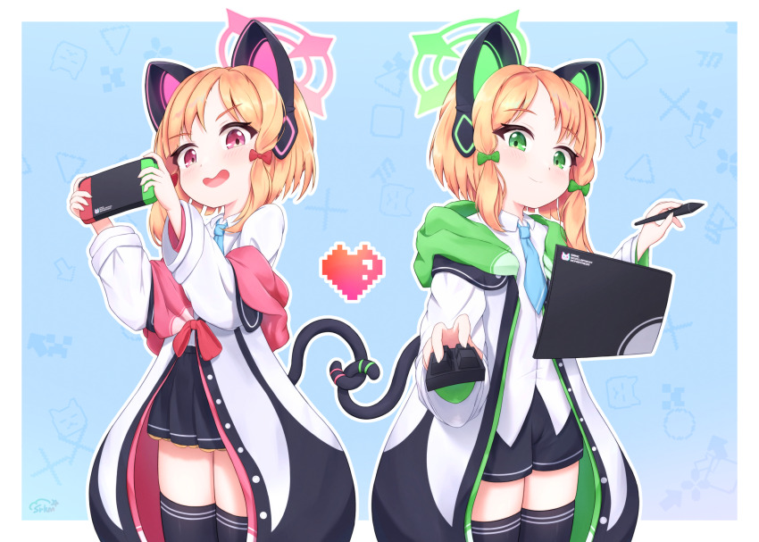 2girls animal_ear_headphones animal_ears aqua_necktie arrow_(symbol) black_shorts black_skirt black_tail black_thighhighs blonde_hair blue_archive blue_background blush border bow buttons cat_ear_headphones cat_ears cat_tail closed_mouth collared_shirt commentary_request computer_keyboard cowboy_shot fake_animal_ears fake_tail floating floating_object frilled_skirt frills green_bow green_eyes green_halo green_hood green_jacket hair_bow halo handheld_game_console headphones heart highres holding holding_handheld_game_console holding_stylus hood hood_down hooded_jacket intertwined_tails jacket jacket_partially_removed korean_commentary long_sleeves looking_down low-tied_sidelocks medium_hair midori_(blue_archive) millennium_science_school_logo miniskirt mixed-language_commentary momoi_(blue_archive) multicolored_jacket multiple_girls necktie open_clothes open_jacket open_mouth outline outside_border parted_bangs pink_eyes pink_halo pink_hood pink_jacket pixel_heart pleated_skirt red_bow school_uniform shirt shirt_tucked_in short_shorts shorts siblings sidelocks signature sisters skirt smile sorakumo stylus tablet_pc tail thighhighs thighs twins two-sided_fabric two-sided_jacket untucked_shirt white_border white_jacket white_outline white_shirt wide_sleeves wing_collar x zettai_ryouiki
