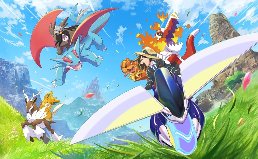 1other black_jacket brown_hair cloud collared_shirt commentary_request dachsbun day falling_leaves falling_petals gen_3_pokemon gen_5_pokemon grass hat highres holding jacket leaf looking_back mabosstiff mei_ford miraidon necktie nintendo open_mouth outdoors pawmot petals pokemon pokemon_(creature) pokemon_sv riding riding_pokemon salamence sawsbuck sawsbuck_(winter) shirt skeledirge sky strap teeth upper_teeth_only yellow_headwear