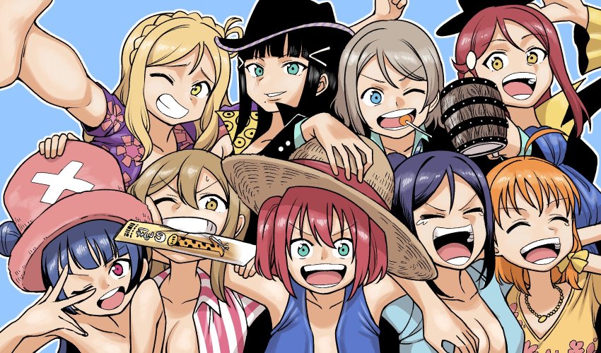 6+girls aqours_pirates_desire ascot beer_mug blue_background blue_eyes breasts brook_(one_piece) brook_(one_piece)_(cosplay) candy cleavage cosplay cowboy_hat cup food franky_(one_piece) hat highres jewelry koaraya kunikida_hanamaru kurosawa_dia kurosawa_ruby lollipop looking_at_viewer love_live! love_live!_sunshine!! matsuura_kanan monkey_d._luffy monkey_d._luffy_(cosplay) mouth_hold mug multiple_girls nami_(one_piece) nami_(one_piece)_(cosplay) nami_(one_piece)_(sabaody) necklace nico_robin nico_robin_(cosplay) nico_robin_(sabaody) noppo_bread ohara_mari one_eye_closed one_piece parody popped_collar purple_eyes sakurauchi_riko sanji_(one_piece) sanji_(one_piece)_(cosplay) straw_hat style_parody takami_chika tankard teeth_hold tony_tony_chopper tony_tony_chopper_(cosplay) tsushima_yoshiko upper_body v v_over_eye yellow_eyes