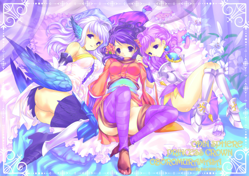 3girls armor armored_dress ass atlus bare_shoulders black_hair boots company_connection copyright_name crossover dress flower gauntlets gradriel gradriel_de_valendia gwendolyn_(odin_sphere) hair_flower hair_ornament head_wings japanese_clothes knee_boots lily_(flower) long_hair lying messy_hair momohime multiple_crossover multiple_girls no_panties oboro_muramasa odin_sphere on_back on_side pillow princess_crown purple_eyes purple_hair socks soul_(tamashii) strapless strapless_dress stuffed_animal stuffed_toy thigh_boots thighhighs thighs vanillaware white_hair wings