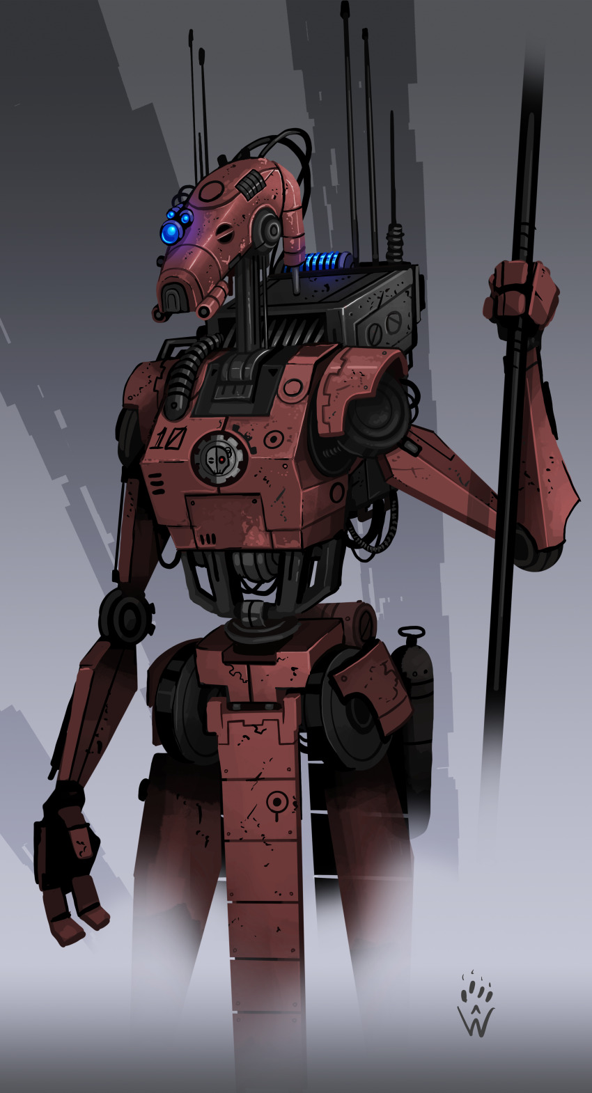 absurdres b1_battle_droid blue_eyes cable droid fewer_digits fusion highres holding holding_staff humanoid_robot no_humans robot science_fiction staff star_wars warhammer_40k wolfdawg_art