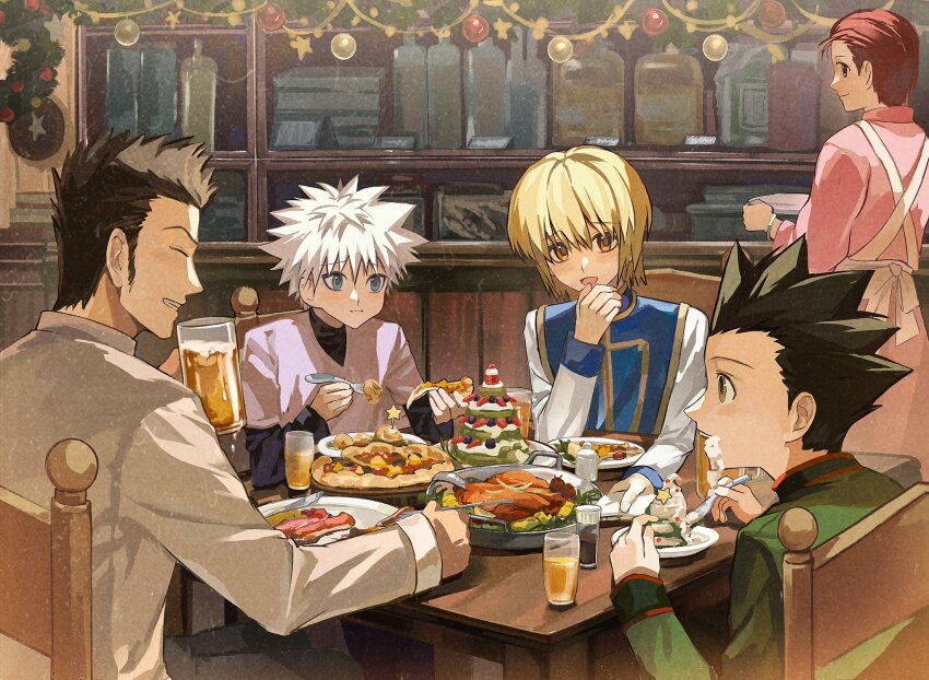 1girl 4boys :d beer_mug black_hair black_undershirt blonde_hair blue_eyes blue_tabard brown_eyes cake christmas_ornaments closed_eyes cup eating food gon_freecss green_jacket highres hunter_x_hunter jacket killua_zoldyck kurapika leorio_paladiknight looking_at_another looking_at_viewer male_focus mito_freecss mug multiple_boys open_mouth pizza red_hair shirt short_hair smile spiked_hair tabard upper_body white_hair white_shirt ypigo60s