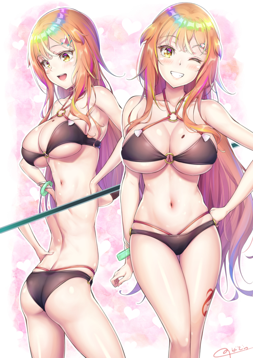 1girl ass bare_shoulders bikini blonde_hair blush breasts from_behind grin highres large_breasts long_hair looking_at_viewer multiple_views nail_polish natsusora_aona novady one_eye_closed open_mouth original shiny_clothes shiny_skin sideboob smile swimsuit tattoo very_long_hair wink yellow_eyes
