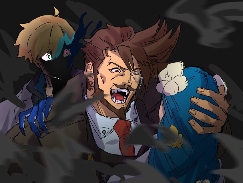 1girl 2boys absurdres beard blonde_hair blue_hair brown_hair dizzy_(guilty_gear) facial_hair flower guilty_gear guilty_gear_strive highres ky_kiske monster_girl multiple_boys necktie nekoha0901 queen_dizzy red_eyes slayer_(guilty_gear) vampire