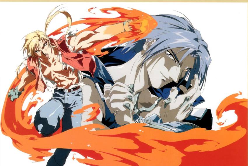 1990s_(style) 2boys battle blonde_hair fatal_fury fatal_fury:_the_motion_picture fighting grey_hair laocorn_gaudeamus male_focus multiple_boys muscular muscular_male official_art oobari_masami retro_artstyle shirt snk terry_bogard torn_clothes torn_shirt