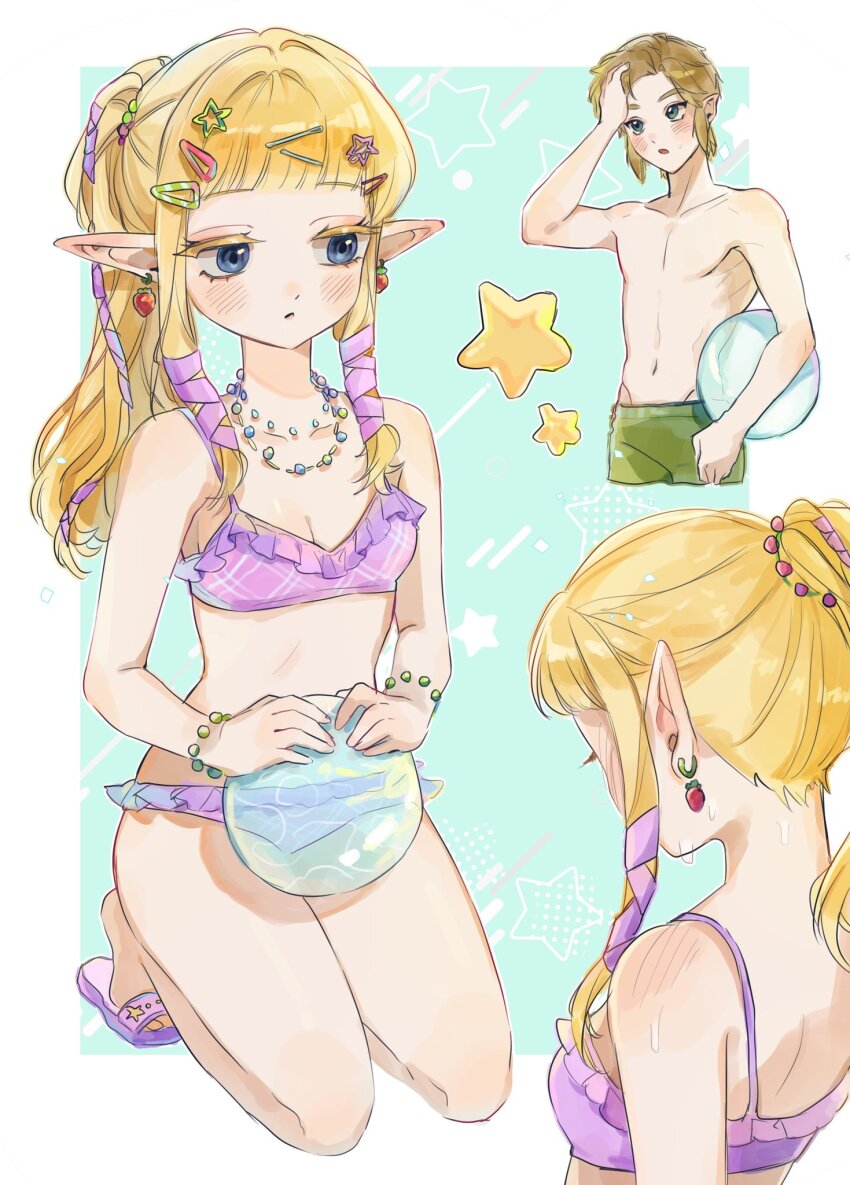1boy 1girl alternate_costume aqua_background ball bead_necklace beads bikini blonde_hair blue_eyes blunt_bangs border bracelet breasts cleavage commentary_request didi_en_ilu earrings frilled_bikini frills green_male_swimwear highres holding holding_ball jewelry kneeling korean_commentary light_smile link long_hair male_swimwear nape navel necklace nintendo outside_border parted_lips pink_bikini pink_sandals pointy_ears ponytail princess_zelda sandals sidelocks small_breasts swimsuit the_legend_of_zelda the_legend_of_zelda:_skyward_sword topless_male white_border