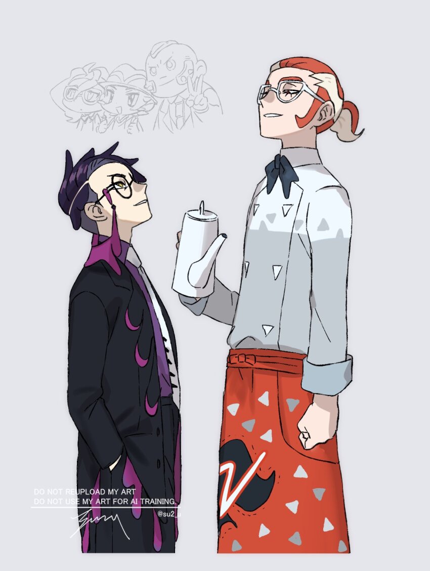 1girl 4boys apron black_bow black_bowtie black_jacket black_pants blonde_hair bow bowtie corbeau_(pokemon) cowboy_shot formal_clothes glasses grin griselle_(pokemon) grisham_(pokemon) hair_pulled_back half-closed_eyes hands_in_pockets height_difference highres holding_coffee_pot jacket lower_eyelashes_only male_focus multicolored_hair multiple_boys nintendo orange_hair pants patterned_clothing paxton_(pokemon) philippe_(pokemon) pokemon pokemon_legends:_z-a ponytail purple_hair round_eyewear short_ponytail signature single_hair_intake smile suit suzuki_zentarou thick_eyebrows twitter_username two-tone_hair undercut waist_apron watermark wavy_hair white-framed_eyewear yellow_eyes