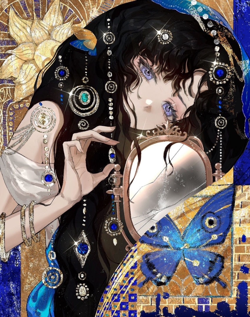 1girl bare_shoulders black_hair blue_butterfly blue_veil broken_mirror bug butterfly covered_mouth fine_art_parody glint gustav_klimt_(style) hair_ornament hair_over_mouth hand_up head_tilt highres insect isolde_(reverse:1999) long_hair looking_at_viewer mirror official_alternate_costume parody purple_eyes reverse:1999 sangxin-bingkuang_chang_ergouzi solo upper_body veil yellow_background