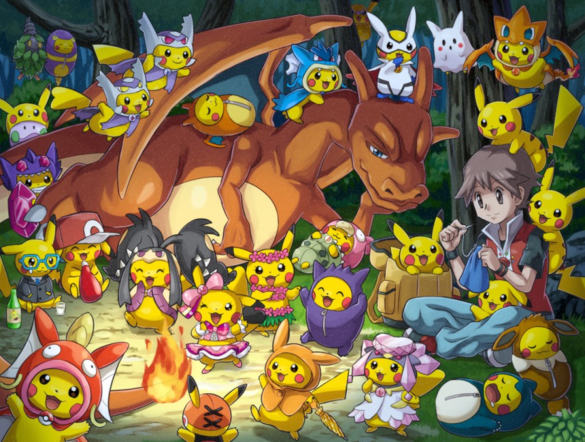 1boy animal animal_on_back ash_ketchum ash_ketchum_(cosplay) backpack bag bellsprout bottle brown_hair burmy burmy_(plant) cameo charizard closed_eyes clothed_pokemon cosplay denim diancie diancie_(cosplay) eevee ekans ekans_(cosplay) flame-tipped_tail flower flower_necklace game_freak gem gen_1_pokemon gen_2_pokemon gen_3_pokemon gen_4_pokemon gen_6_pokemon gengar goomy gyarados gyarados_(cosplay) hand_on_own_chin happy hat head_wreath holding holding_needle jeans jewelry latias latios legendary_pokemon lei magikarp mawile mega_latias mega_latias_(cosplay) mega_latios mega_latios_(cosplay) mega_mawile mega_mawile_(cosplay) mega_pokemon mega_sableye mega_sableye_(cosplay) mega_slowbro mega_slowbro_(cosplay) mythical_pokemon necklace needle nintendo outdoors pants pikachu pokemoa pokemon pokemon_(anime) pokemon_(classic_anime) pokemon_ep042 pokemon_frlg red_(pokemon) revision sableye sewing skirt slowbro slowking snorlax tail tree zipper