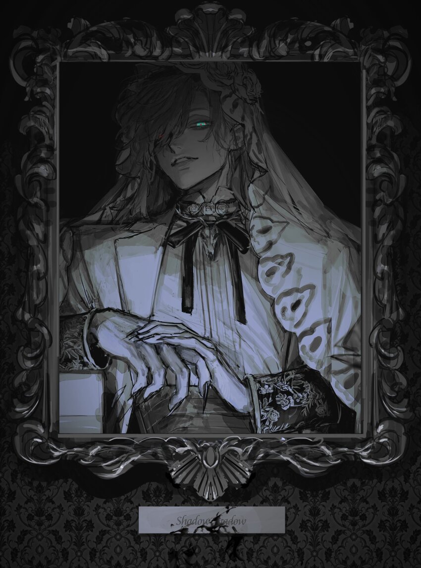 1boy aqua_eyes arm_rest au_(d_elete) black_background cummerbund embroidery fingernails flower flower_ornament framed greyscale hair_flower hair_ornament hair_over_one_eye highres jacket lapels lips long_hair long_sleeves looking_at_viewer male_focus mole mole_under_eye monochrome neck_ribbon nijisanji notched_lapels official_alternate_costume oliver_evans own_hands_together parted_lips picture_frame portrait_(object) red_pupils ribbon rose sharp_fingernails shirt sleeve_cuffs smile solo song_name spot_color upper_body veil virtual_youtuber wallpaper_(object)