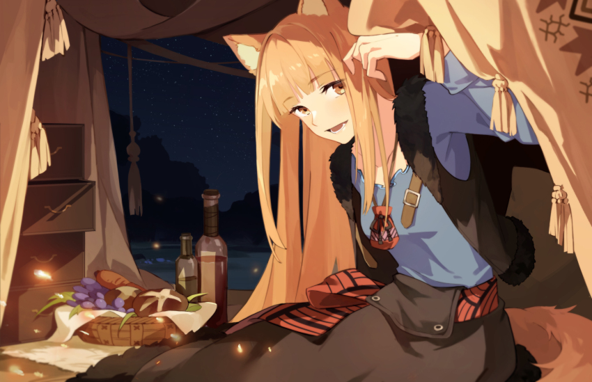 1girl animal_ears arm_up basket black_skirt black_vest blue_shirt blunt_bangs bottle bread brown_hair food fur-trimmed_vest fur_trim highres holo kibiko_(cheeks) long_hair long_sleeves lower_teeth_only night night_sky open_mouth shirt sidelocks sitting skirt sky solo spice_and_wolf tail teeth tent vest wolf_ears wolf_girl wolf_tail