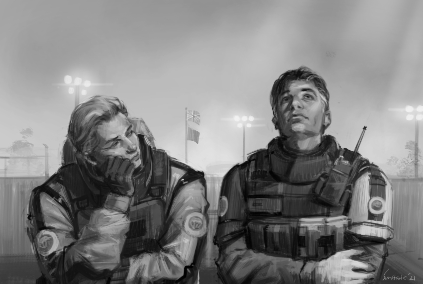 2boys bulletproof_vest closed_mouth commentary crossed_arms defibrillator doc_(rainbow_six_siege) fence gloves greyscale hair_slicked_back head_rest highres lion_(rainbow_six_siege) long_sleeves looking_at_another looking_up male_focus military_combat_uniform military_uniform monochrome multiple_boys outdoors rainbow_six_siege short_hair signature stadium_lights sun_stark upper_body walkie-talkie