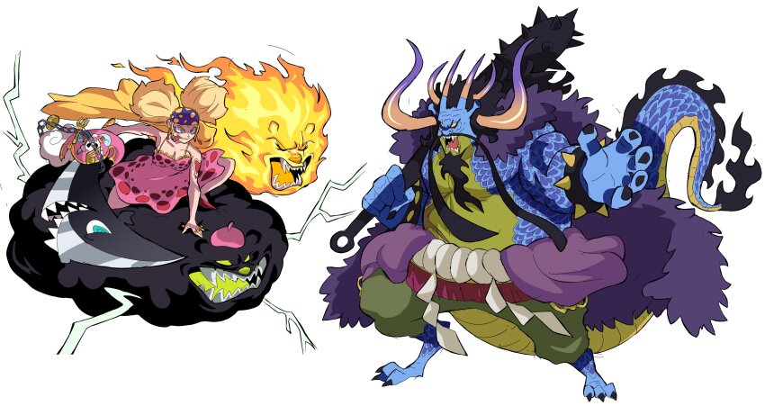 absurdres arm_tattoo armlet baby_bear_(puss_in_boots) bandana bear beard blonde_hair blue_bandana blue_scales charlotte_linlin charlotte_linlin_(cosplay) cloud club club_(weapon) coat cosplay crossover cyberlord1109 dragon_boy dress facial_hair fighting fur_coat goldilocks_(puss_in_boots) heart highres holding holding_sword holding_weapon horns jewelry kaidou_(one_piece) kaidou_(one_piece)_(cosplay) kanabou lightning living_weapon mama_bear_(puss_in_boots) multiple_horns mustache napoleon_(one_piece) napoleon_(one_piece)_(cosplay) one_piece open_mouth papa_bear_(puss_in_boots) pink_dress prometheus_(one_piece) prometheus_(one_piece)_(cosplay) puss_in_boots:_the_last_wish rope sharp_teeth shimenawa shrek shrek_(series) spiked_armlet sword tail tattoo teeth weapon zeus_(one_piece) zeus_(one_piece)_(cosplay)