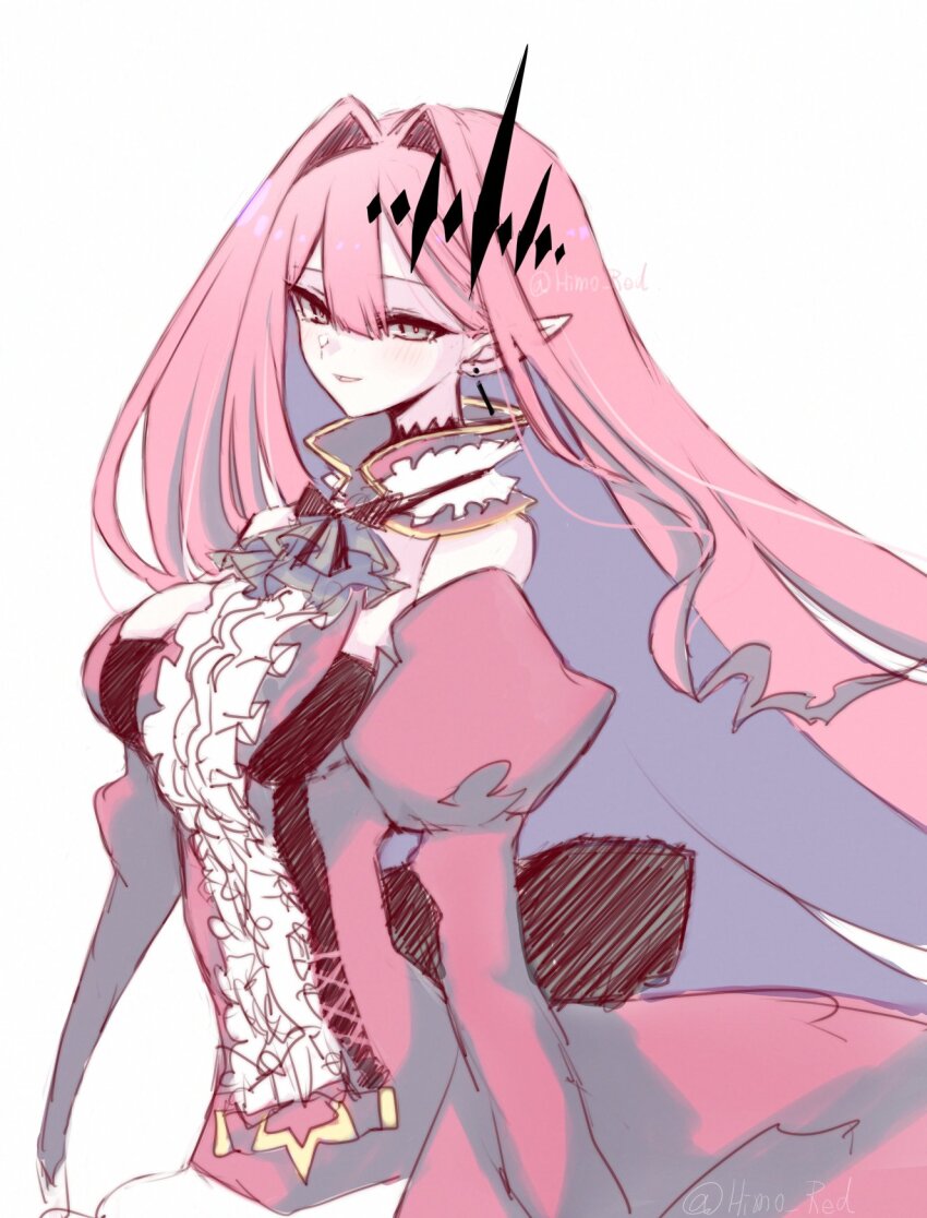 1girl baobhan_sith_(fate) baobhan_sith_(first_ascension)_(fate) breasts detached_sleeves dress earrings fate/grand_order fate_(series) frilled_dress frills grey_eyes hair_ornament highres himo jewelry long_hair looking_at_viewer pink_hair pointy_ears red_dress smile solo white_background