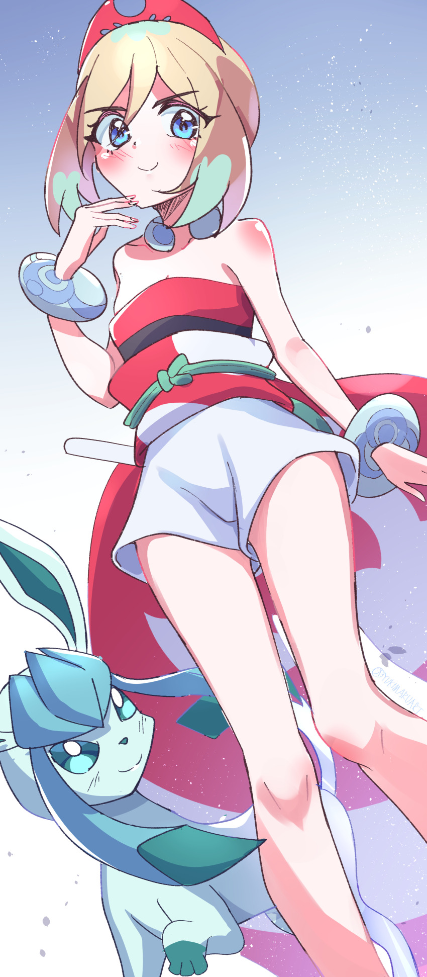 absurdres arm_wrap eyebrow_cut gen_4_pokemon glaceon hairband highres irida_(pokemon) jewelry neck_ring nintendo pokemon pokemon_legends:_arceus red_hairband red_shirt shirt shorts strapless strapless_shirt waist_cape white_shorts yukimaru_(jvje4777)