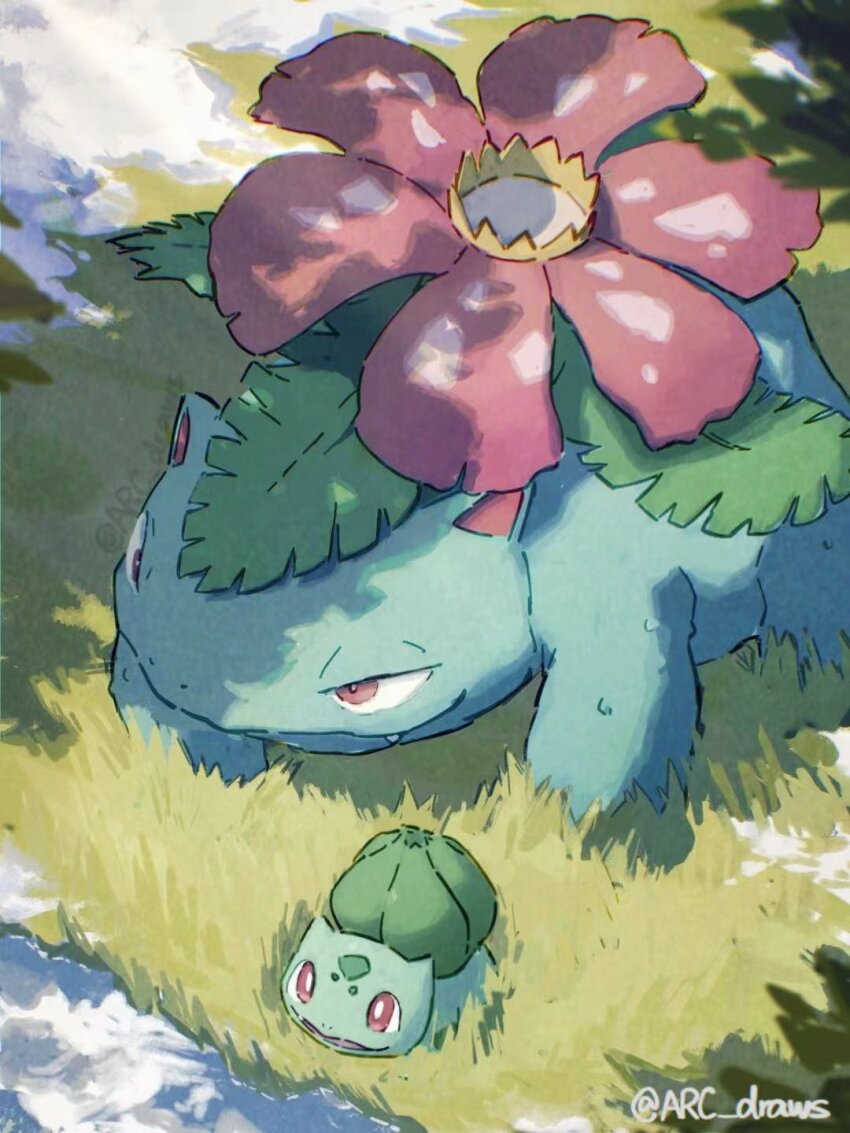 arc_draws bright_pupils bulbasaur day fang fang_out gen_1_pokemon grass highres looking_up nintendo no_humans outdoors pokemon pokemon_(creature) red_eyes smile twitter_username venusaur watermark white_pupils