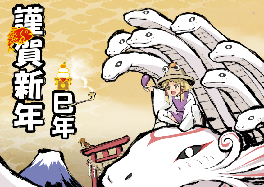 1girl bird blonde_hair brown_eyes chinese_zodiac commentary_request eggplant food food_on_head fruit fruit_on_head hair_tie haniwa_(leaf_garden) hat highres kagami_mochi koi long_sleeves mandarin_orange mishaguji moriya_suwako mount_fuji mountain multiple_heads object_on_head parted_bangs pointing rope shide shimenawa smoking_pipe snake solo tabard thighhighs torii touhou translation_request white_snake wide_sleeves year_of_the_snake