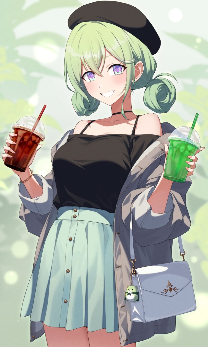 1girl absurdres bag beret black_hat black_shirt bra_strap breasts character_charm charm_(object) chico_(yuzuha_riko) coat commentary_request corsetman cowboy_shot cup disposable_cup double-parted_bangs double_bun drink green_hair grey_coat grey_skirt grin hair_bun handbag hat high-waist_skirt highres holding holding_cup korean_commentary long_sleeves looking_at_viewer miniskirt off-shoulder_shirt off_shoulder open_clothes open_coat partially_unbuttoned pleated_skirt purple_eyes shirt shirt_tucked_in skirt smile solo standing stellive virtual_youtuber yuzuha_riko