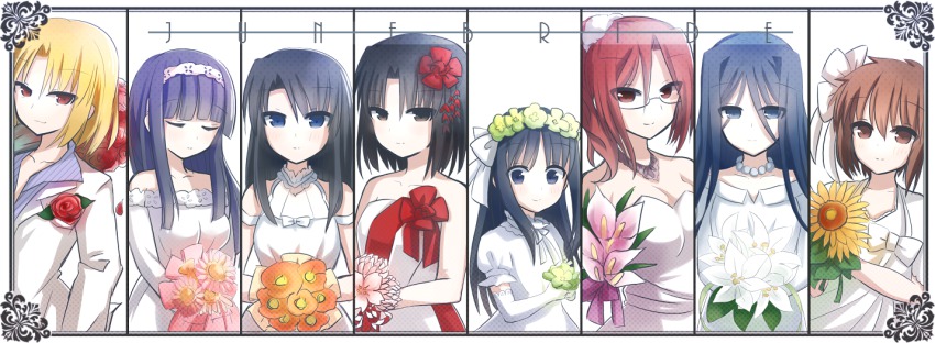 1boy 6+girls aozaki_touko asagami_fujino bouquet bride brown_hair dress flower formal_clothes fujou_kirie kara_no_kyoukai kokutou_azaka long_hair multiple_girls ohitashi_netsurou purple_hair red_hair ryougi_mana ryougi_shiki seo_shizune shirazumi_lio short_hair suit wedding_dress white_dress white_suit