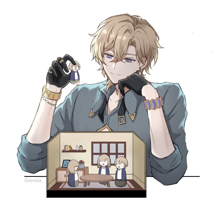 1boy aqua_shirt artist_name aventurine_(honkai:_star_rail) black_gloves blonde_hair blue_eyes bracelet character_doll cleavage_cutout closed_mouth clothing_cutout collared_shirt commentary crossed_bangs doll doll_house earrings elbow_rest gloves hair_between_eyes half_gloves hands_up highres holding holding_doll honkai:_star_rail honkai_(series) jewelry kakavasha&#039;s_sister_(honkai:_star_rail) kakavasha_(honkai:_star_rail) long_sleeves looking_down male_focus multicolored_eyes multiple_rings nirvelia parted_bangs purple_eyes ring shirt short_hair simple_background single_earring sleeves_rolled_up smile solo split_mouth symbol-only_commentary twitter_username upper_body white_background wing_collar