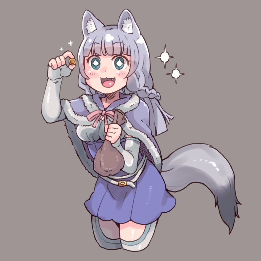 +_+ 1girl :3 animal_ear_fluff animal_ears aqua_eyes blunt_bangs blush breasts capelet coin cropped_legs dress elbow_gloves es_(eisis) fang fingerless_gloves fur-trimmed_capelet fur_trim gloves grey_background hataage!_kemono_michi highres holding kemonomichi light_purple_hair long_hair looking_at_viewer medium_breasts money_bag purple_capelet purple_dress shigure_(kemonomichi) simple_background solo tail white_gloves wolf_ears wolf_girl wolf_tail