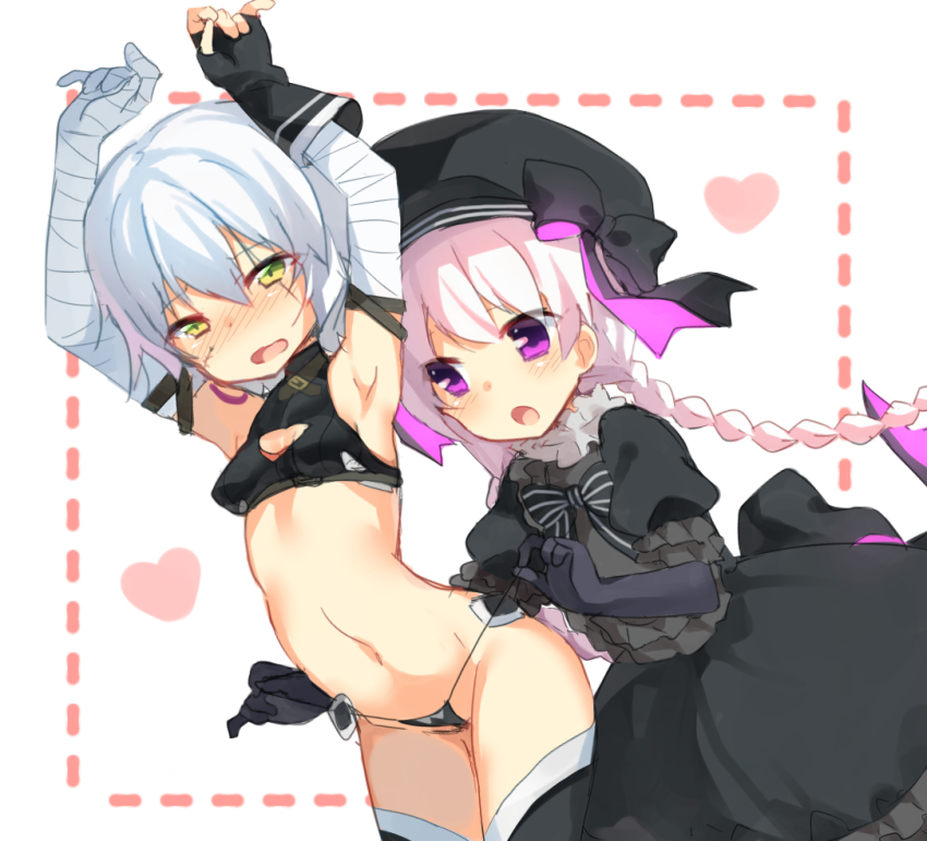 10s 2girls :o arms_up breasts fate/apocrypha fate/extra fate/grand_order fate_(series) jack_the_ripper_(fate/apocrypha) multiple_girls nursery_rhyme_(fate) nursery_rhyme_(fate/grand_order) open_mouth pink_hair short_hair silver_hair small_breasts ureshiijelek
