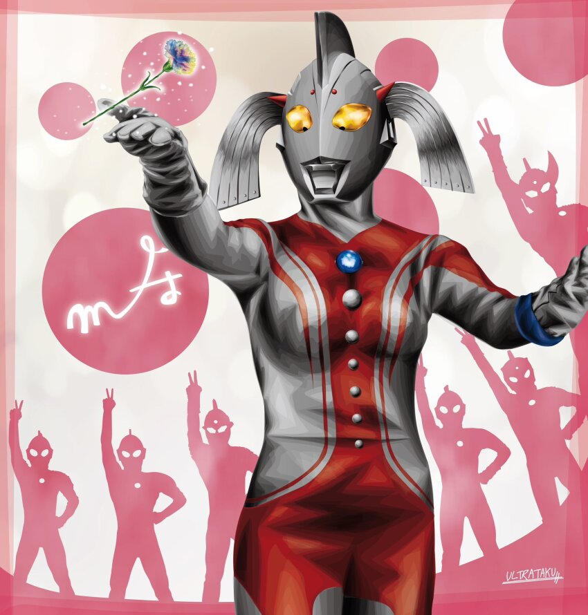 1girl 6+boys alien arm_up artist_name buttons carnation color_timer colored_skin commentary compound_eyes cowboy_shot dorsal_fin dotted_background flower gloves glowing glowing_eyes highres jewelry kaette_kita_ultraman legs_together light_particles looking_ahead mother&#039;s_day mother_of_ultra multicolored_skin multiple_boys pink_background red_skin short_twintails silhouette silver_gloves silver_skin solo_focus standing tokusatsu twintails two-tone_skin ultra_series ultra_sign ultraman ultraman_(1st_series) ultraman_ace ultraman_ace_(series) ultraman_jack ultraman_tarou ultraman_tarou_(series) ultraseven ultraseven_(series) ultrataku unworn_bracelet v wrinkled_skin yellow_eyes zoffy_(ultra_series)